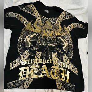 Y2K XAR Unlimited Affliction Men Graphic T Shirt Lg Gold Metallic Cyber Grunge
